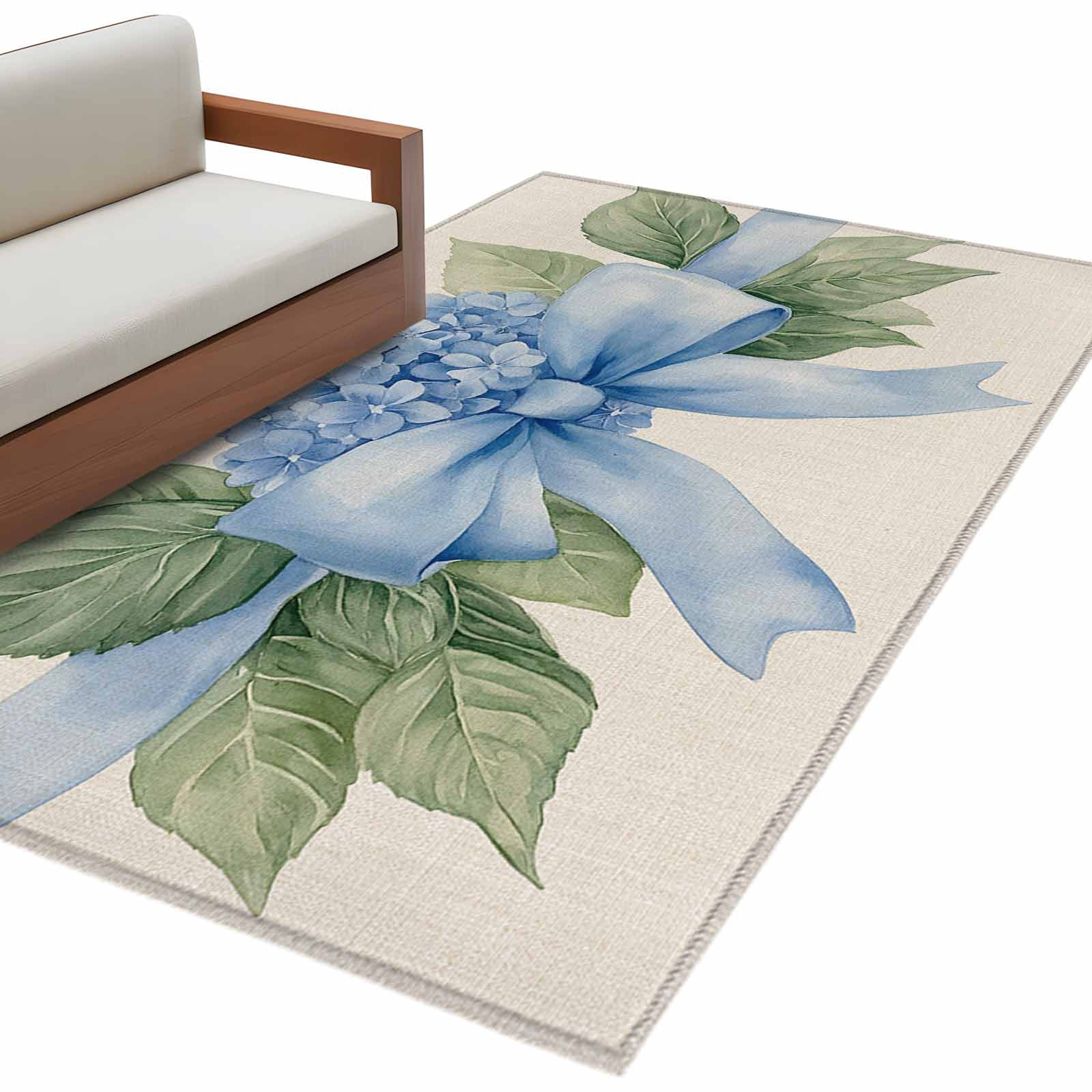 Blue Bow Hydrangea Area Rug 3x5ft Spring Flower Green Leaf Watercolor ...