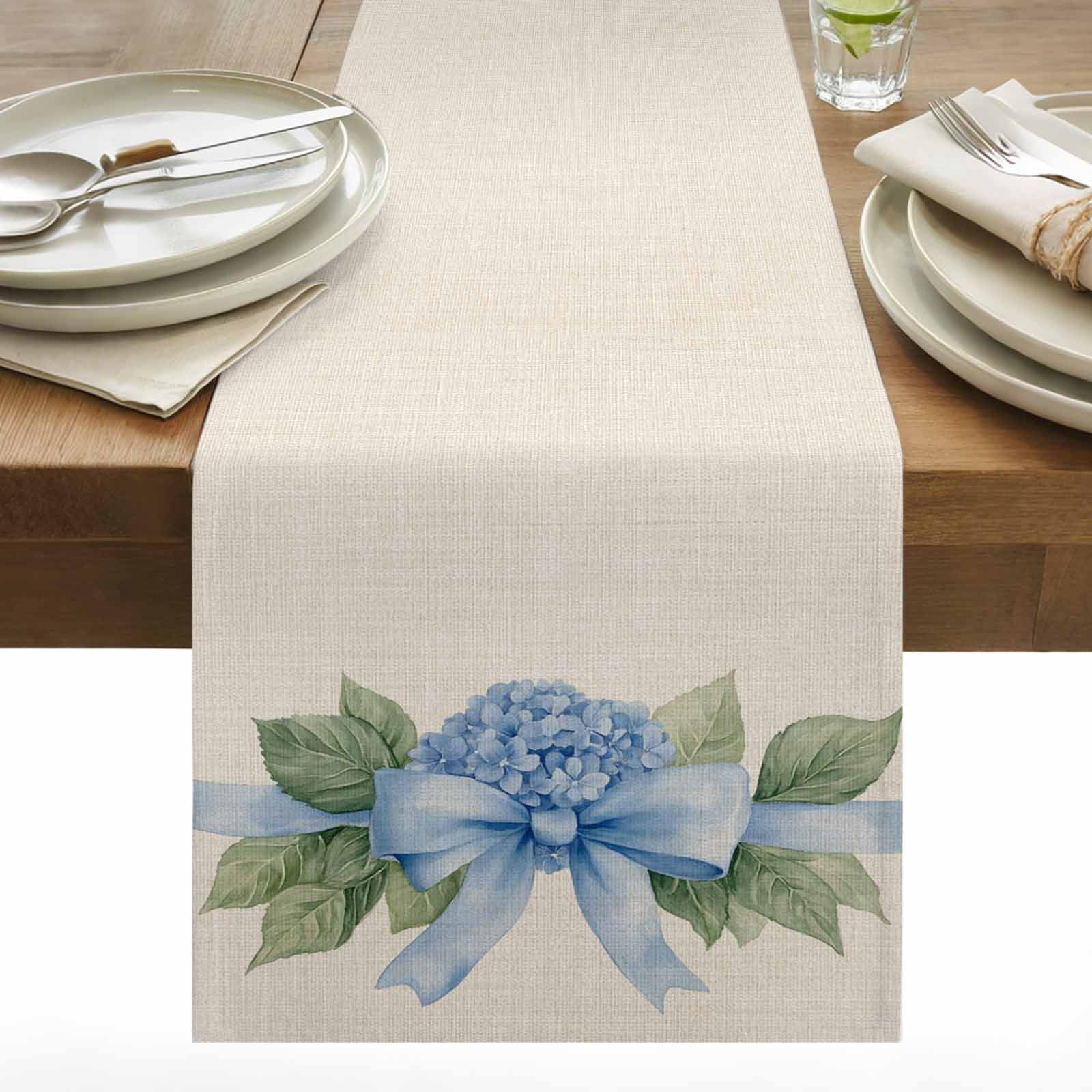 Blue Bow Hydrangea Cotton Linen Table Runner Spring Flower Green Leaf Watercolor Linen Texture Dining Table Runners for Home Decor Party Dining Room Restaurant Kitchen 13" x 108"