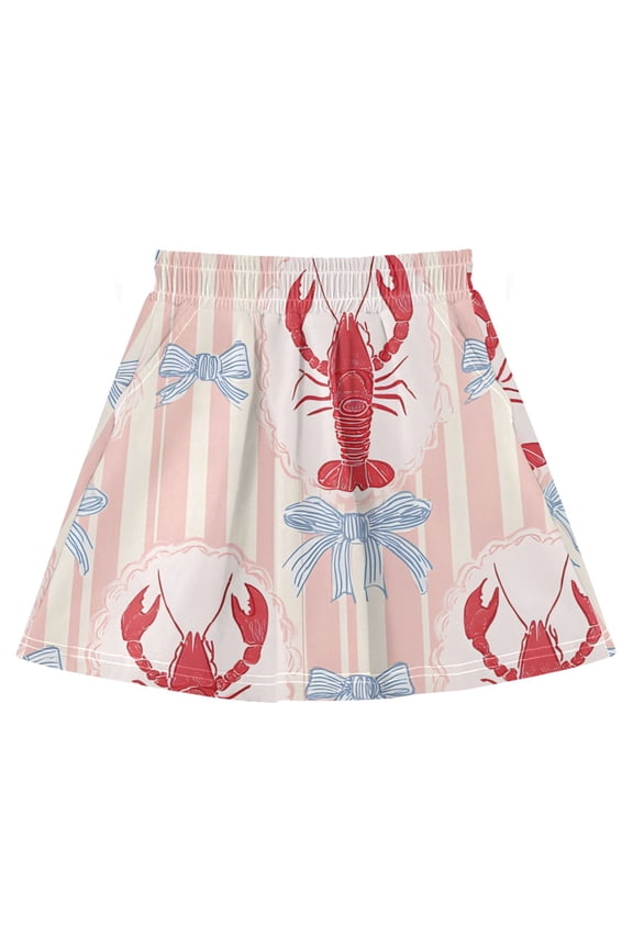 Blue Bow Lobster Pattern Cotton Skirt Built-in Liner Elastic A-Line Flared Skirt with Pockets
