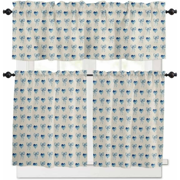 Blue Bow Love Kitchen Curtains, Beige Linen Vintage Art Aesthetic 3-Piece Kitchen Curtain Valance and Tiers Set 24 Inch Length, Rod Pocket Half Window Curtains for Cafe Living Room Bathroom