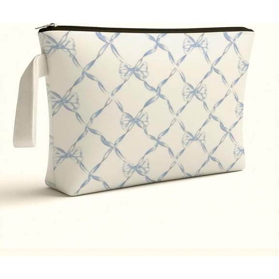 Blue Bow Makeup Bag Coquette Aesthetic Preppy Cosmetic Bag for Women Large Capacity Travel Toiletry Pouch Trousse De Maquillage Blue and White Bow Gifts for Girls Mom