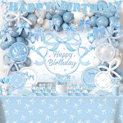 Blue Bow Party Supplies Serve 24,Coquette Birthday Decorations Include ...