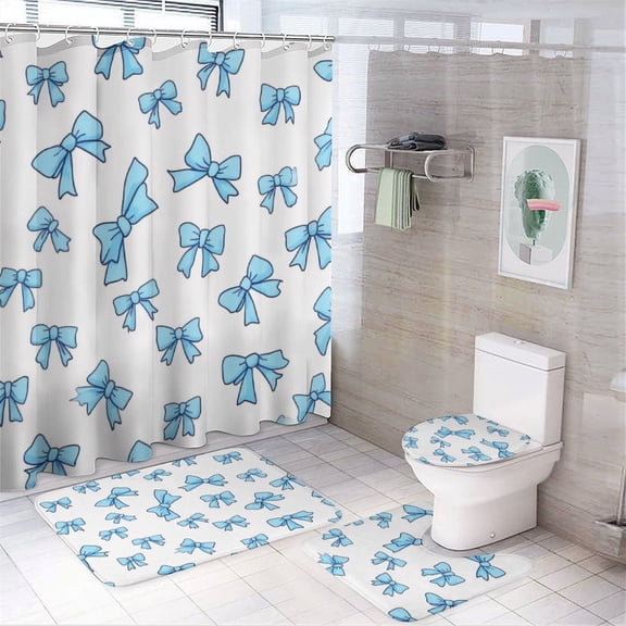 Blue Bow Pattern Shower Curtain Bathroom Sets Toilet Lid Rug, Bath Mat And Contour Mat, Shower Curtain 4Pcs