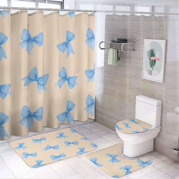 Blue Bow Pattern Shower Curtain Bathroom Sets Toilet Lid Rug, Bath Mat And Contour Mat, Shower Curtain 4Pcs