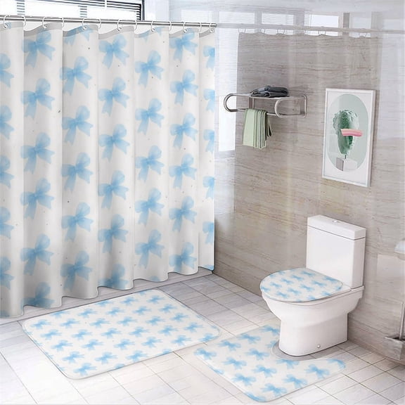 Blue Bow Pattern Shower Curtain Set Modern Bathroom Decor Mats 4pcs Fabric Bathroom Curtain Slip Floor Rug Toilet Lid