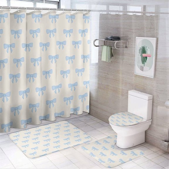 Blue Bow Pattern Shower Curtain Set Modern Bathroom Decor Mats 4pcs Fabric Bathroom Curtain Slip Floor Rug Toilet Lid