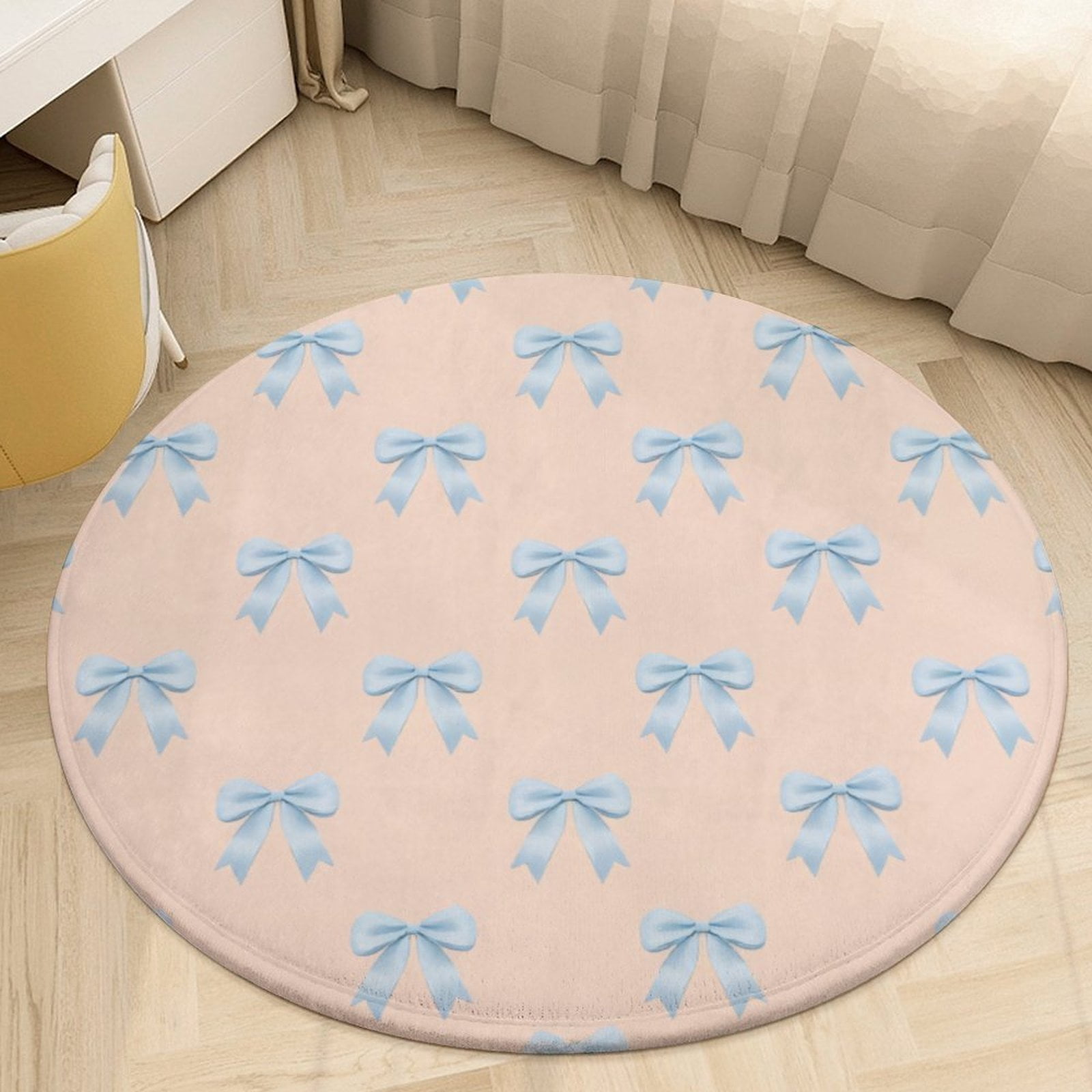 Blue Bow Pattern on Peach Background Round Area Rugs for Bedroom Living ...