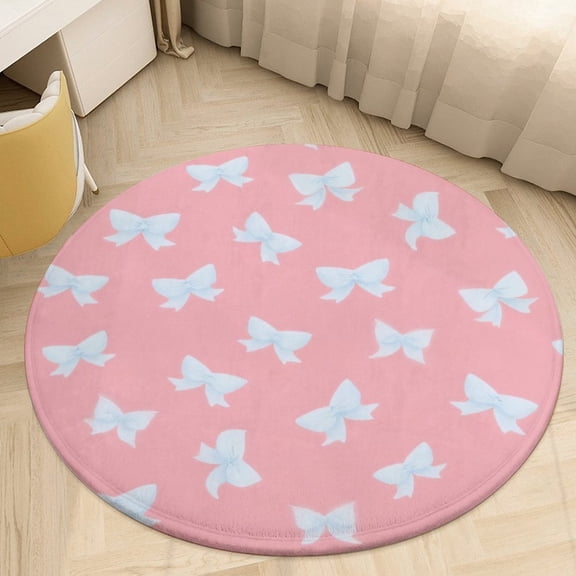 Blue Bow Pattern on Pink Background Round Area Rugs for Bedroom Living Room, 4FT Soft Comfy Indoor Circle Carpets, Floor Mat