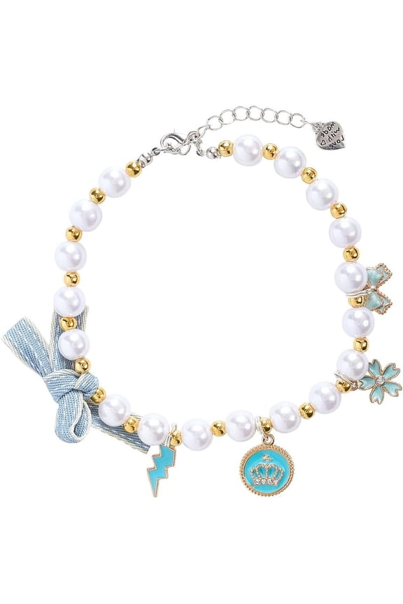 Blue Bow Pet Pearl Necklace Collar Adjustable Pet Jewelry Accessories Pearl Collar Cat Dog Choker Necklace for Pet Daily Wear Party Clothes Wedding Traveling Photo Shoots Birthday 8.9in