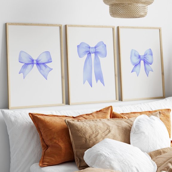 Blue Bow Prints Preppy Pastel Wall Art Girl Nursery Decor Wall Art Set 3 Unframed Paper Print 20x30