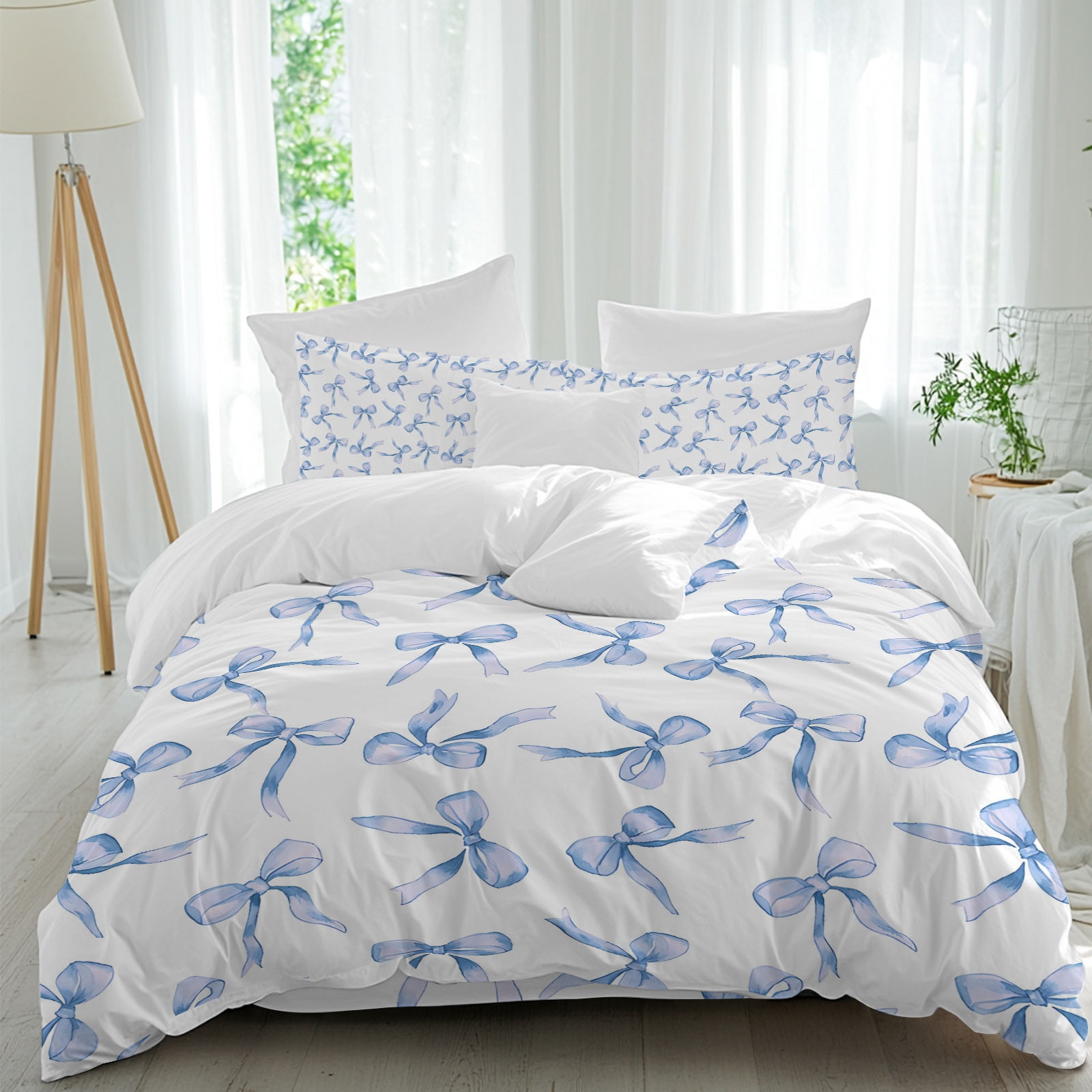 Blue Bow Queen Duvet Cover Set, Watercolor Bow 4 Piece Microfiber Bedding Set with Zipper Closure, Bed Sheet and 2 Pillow Shams, Soft Bedding Cover