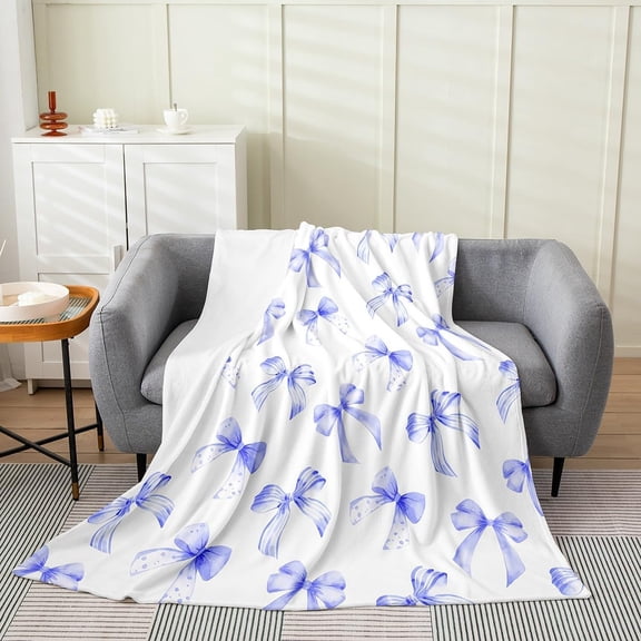 Blue Bow All Season,Bed for Sofa Couch Throw Cute Dreamy Princess Style Plush Throw Blanket, Ultra Soft Bow Pattern Flannel Fleece Blue Bowknot Room Decor Bow 30" x 40"