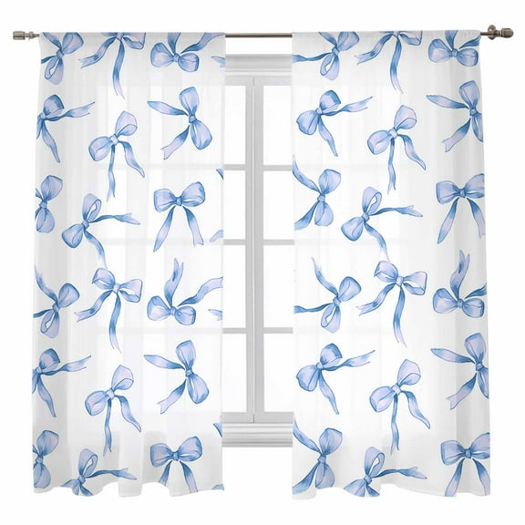 Blue Bow Sheer Curtains 72 inches Long, Watercolor Bow Retro Cute Light Filtering Sheer Window Curtains Rod Pocket Voile Drapes for Bedroom Living Room, 52"W x 72"L 2 Panels
