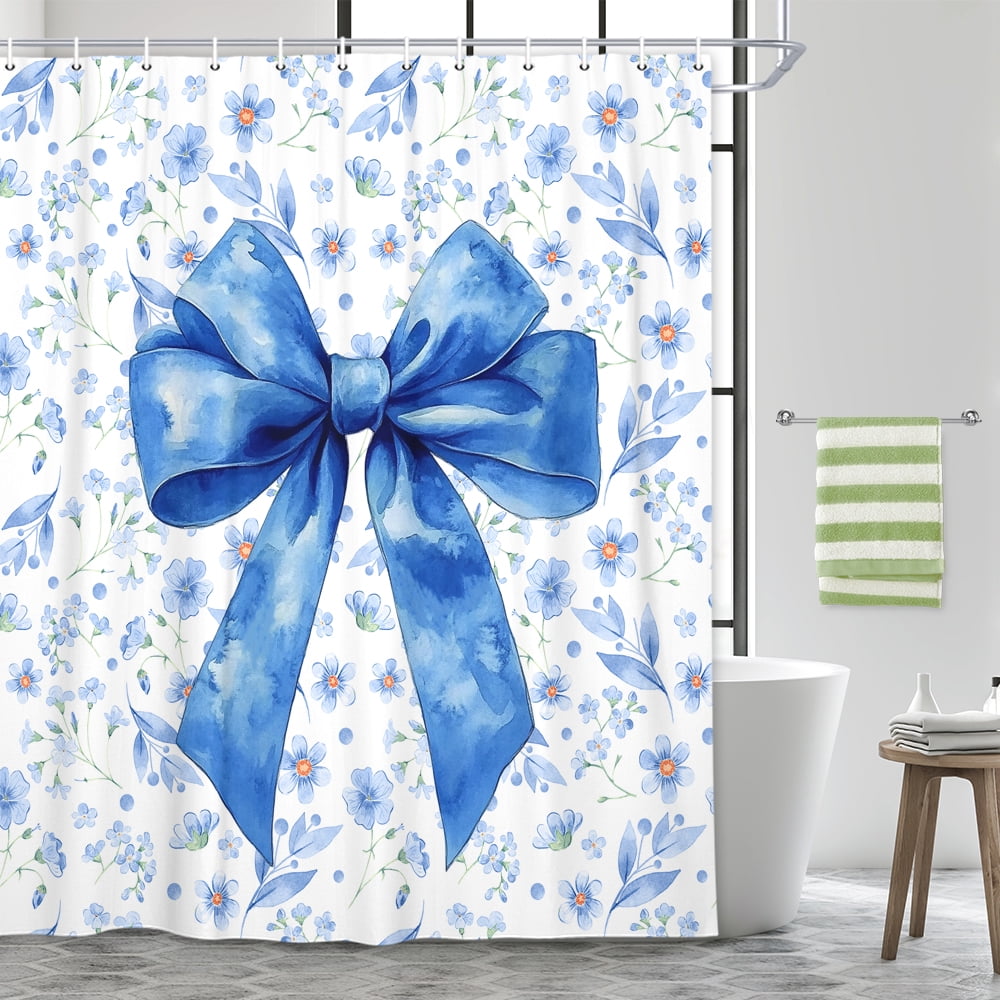 Blue Bow Shower Curtain, Cute Watercolor Floral Bow Princess Style