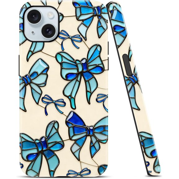 Blue Bow Stained Glass Phone Case for iPhone 15 Case Cute Girly Design Phone Cover Shockproof Soft TPU Hard PC Protection Funda for iPhone 15 6.1 Inch