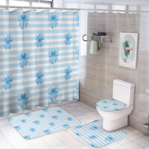 Blue Bow Stripe Pattern Shower Curtain Sets Non-Slip Rugs Bath Mat Toilet Cover U Shaped Mat 4 Pcs