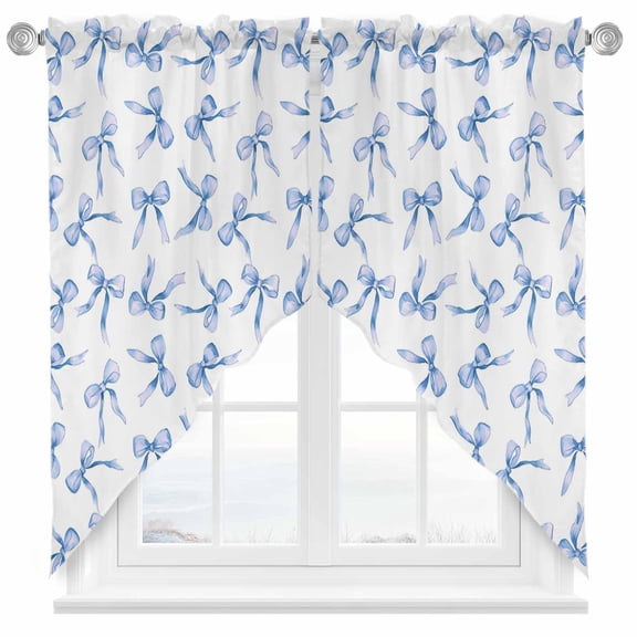 Blue Bow Swag Kitchen Curtain Valances, Watercolor Bow Rod Pocket Curtains Window Treatment Decor Valances for Bedroom Bathroom, 2 Panels 36 x 45 Inch