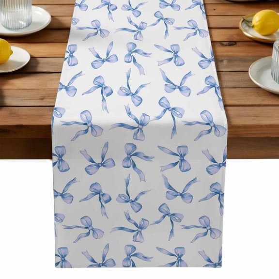Blue Bow Table Runner, Watercolor Bow Kitchen Table Runners Dress Scarves for Table Decorations Party/Restaurant/Indoor Outdoor Use, 13x108in