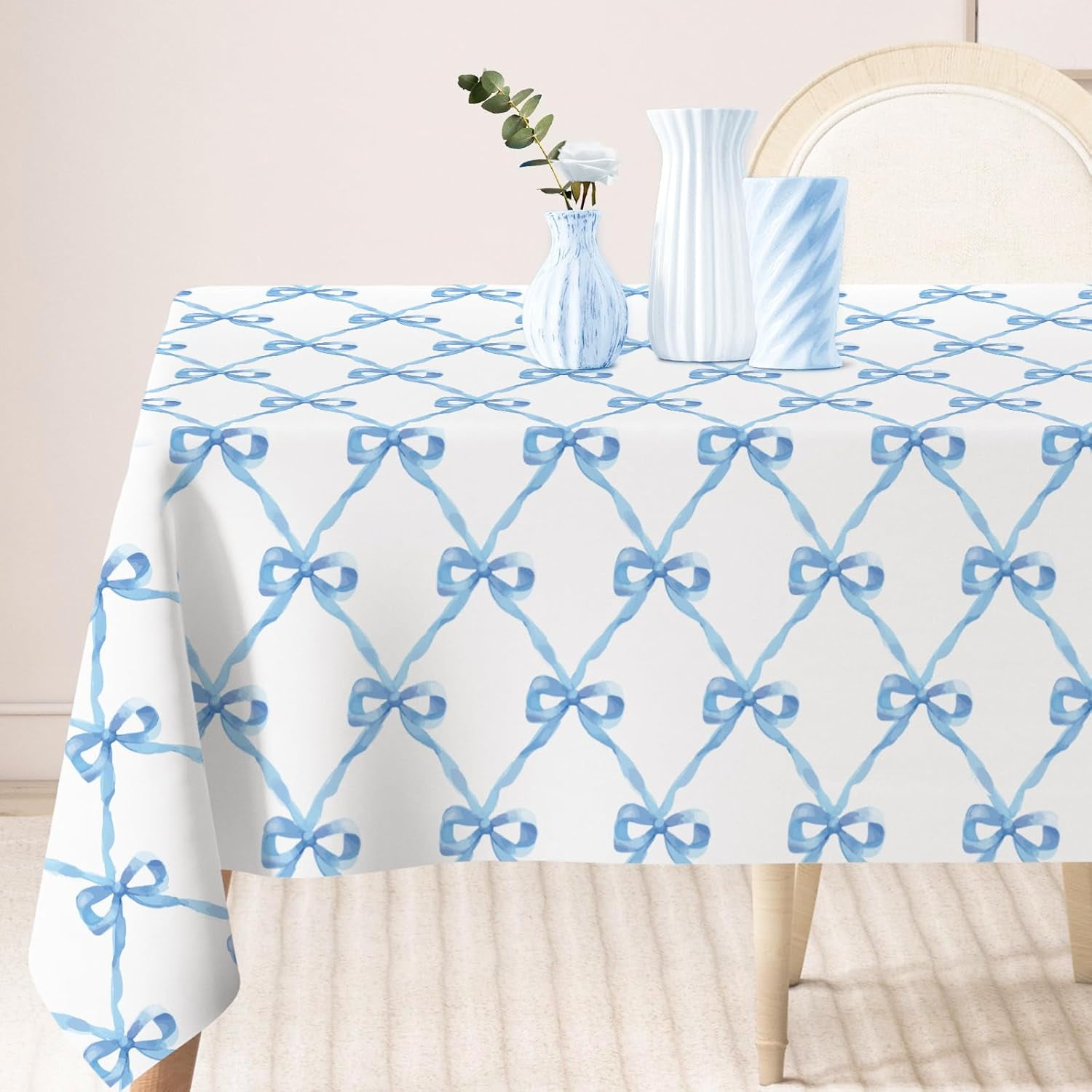 Blue Bow Tablecloth Blue Ribbon Bow Fabric Table Cloth Washable Table ...