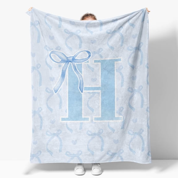 Blue Bow Throw Blanket,Personalized Initial H Soft Fluffy Cozy Flannel Blanket,Monogrammed Gifts for Daughter Women Teen Girls,Customized Blanket for Bedding Bedroom Office,50x60 Inches