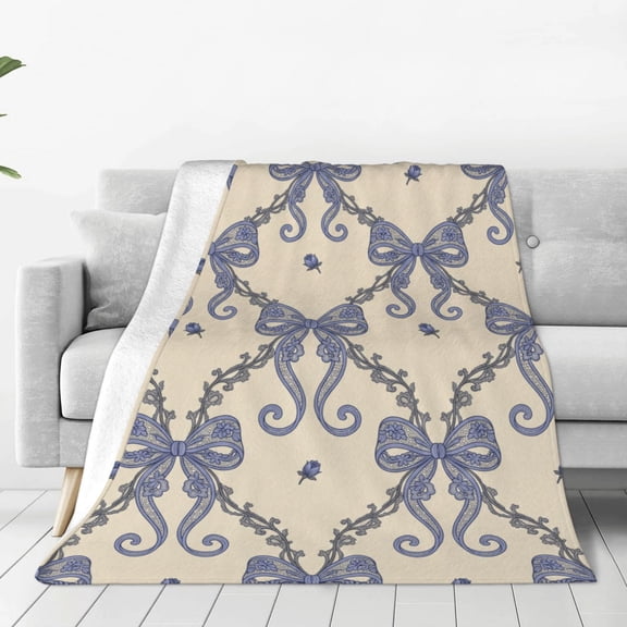 Blue Bow Throw Blanket Valentine's Day Galentines Day Gifts Preppy Blanket Coquette Flannel Soft Cute Bow Aesthetic Room Decor for Women Friends for Sofa Couch Travel Bed 50x40
