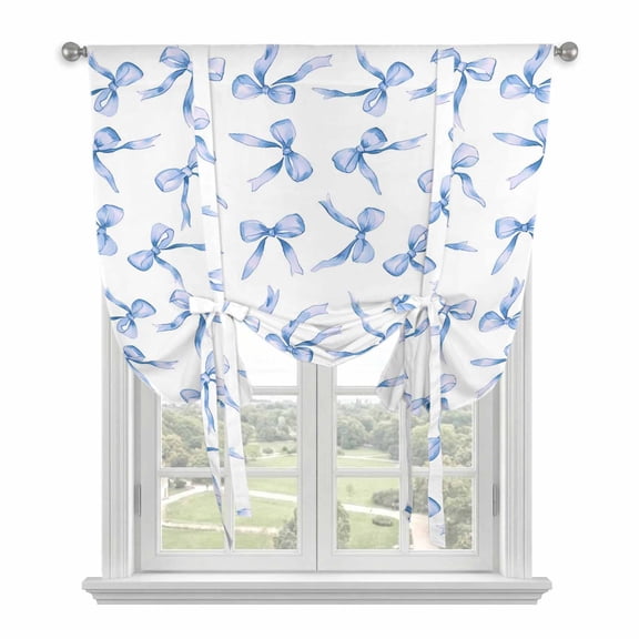 Blue Bow Tie Up Curtain for Window, Watercolor Bow Adjustable Tie Up Balloon Curtain Valances Rod Pocket Window Treatment for Kitchen Bathroom Bedroom 42"x45"