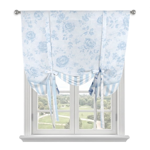Blue Bow Tie Up Curtains for Windows, Adjustable Balloon Window Shades, Farmhouse Roses Floral Stripes Rustic Modern Kitchen Window Treatments Farmhouse Short Curtains with Rod Pocket 42"x45"