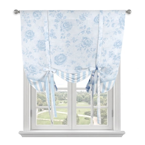 Blue Bow Tie Up Curtains for Windows, Adjustable Balloon Window Shades, Farmhouse Roses Floral Stripes Rustic Modern Kitchen Window Treatments Farmhouse Short Curtains with Rod Pocket 42"x45"