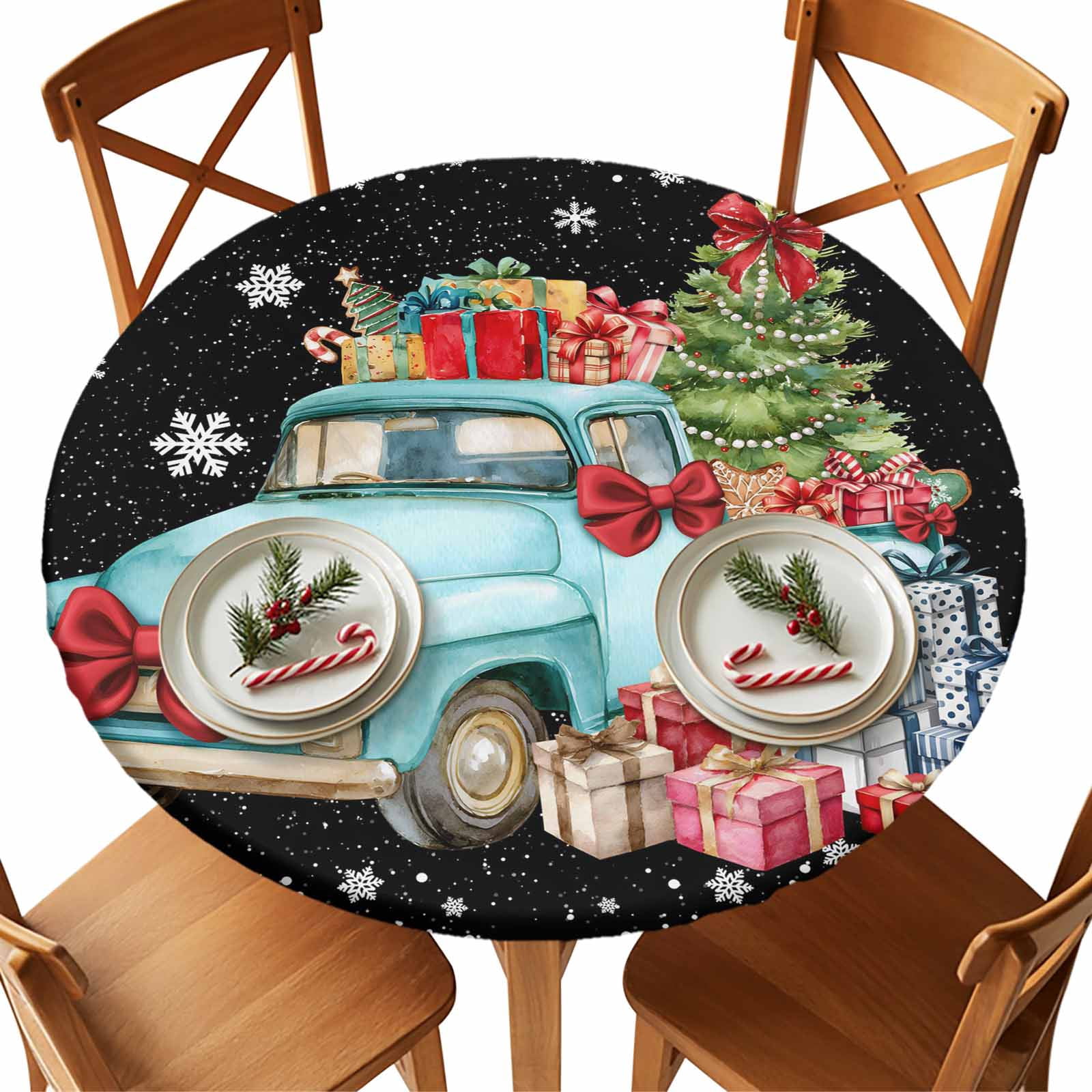 Blue Bow Truck Fitted Round Tablecloths Elastic Edged Table Covers 36 ...