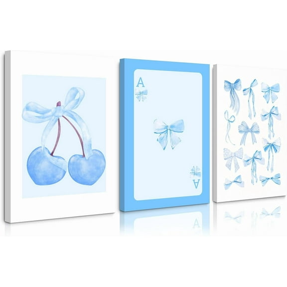Blue Bow Wall Art Decor Conquette Poster Aesthetic Canvas Wall Art Preppy Pictures Girly Trendy Wall Art Cherry Card Poster Blue Bow Prints for Bedroom College Apartment