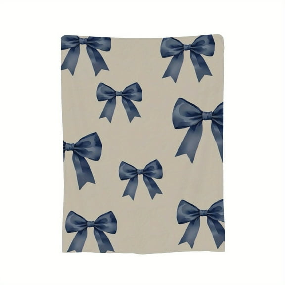 Blue Bow Whispers Cozy Flannel Blanket - Soft & Plush, Stylish Bow Pattern in Blue & Beige, Perfect for Bed, Office, Sofa, Car, Dorm, Camping - All-Season Gift for Men & Women, Office Comfort, Elegan