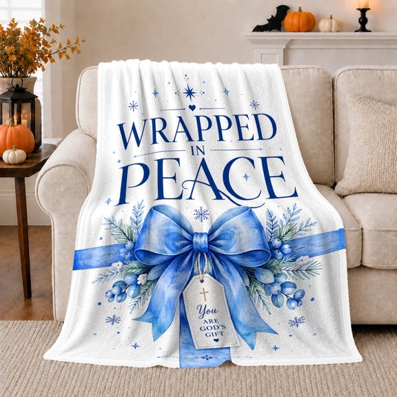 Blue Bow Winter Holiday Religious, Festive Holiday Scene, Warm Flannel Blanket for Living Room and Family Room with Detailed Artwork, Art Lovers Christmas Gift, Festive Home Decor