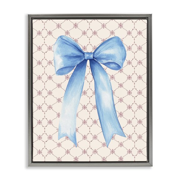 Stupell Industries Blue Bow on Rose Quilt Pattern Gray Framed Floater Canvas Wall Art, design by Petal Prints Design