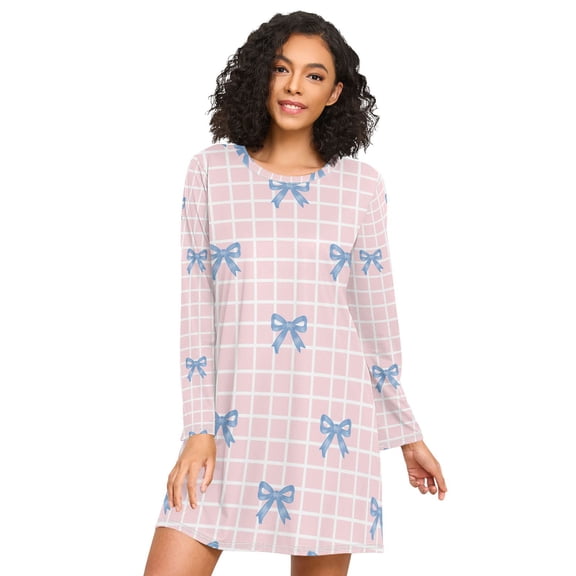 Blue Bowknot Check Nightgowns for Women Soft Sleepwear Long Sleeves Ladies Sleepshirt Nightdress