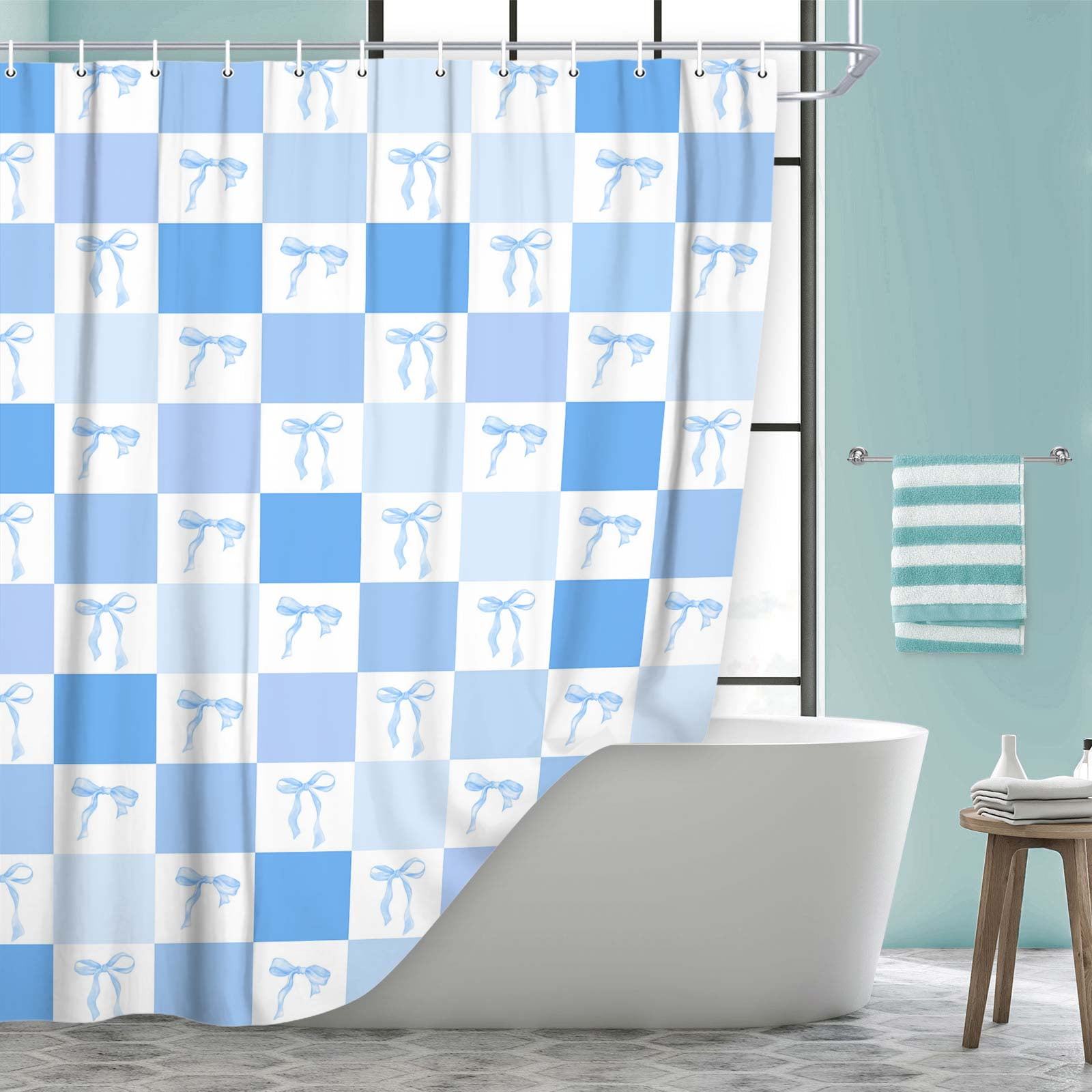 Blue Bowknot Shower Curtain, Cute Blue White Bow Geometric Checkered