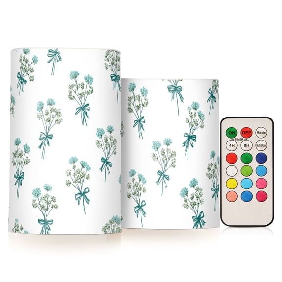 Blue Bowknots Tie on Flowers Flickering Flameless Candles LED Tealight Battery Operated with Remote Set of 2 Holiday Decor Ornaments