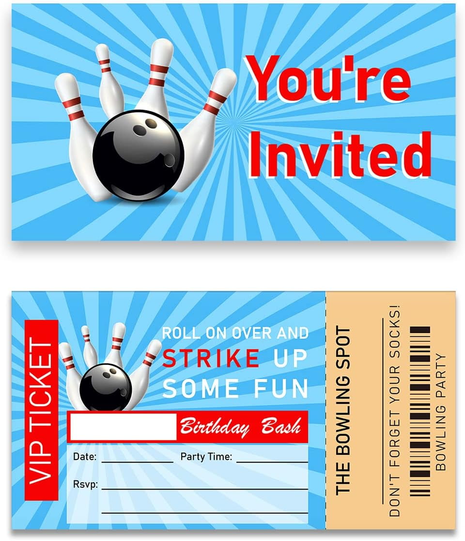 Blue Bowling Birthday Invitations Set of 20 Tickets with Envelopes