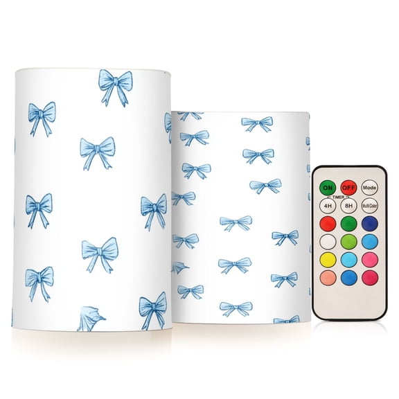 Blue Bows Flickering Flameless Candles Battery Operated with Remote Timer LED Pillar Candles Set of 2