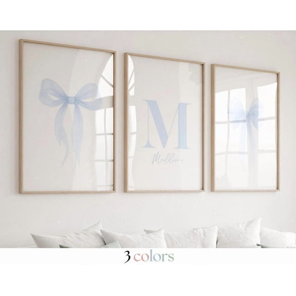 Blue Bows Initial Name Print Preppy Coastal Wall Art Set 3 Unframed Paper Print 8x12