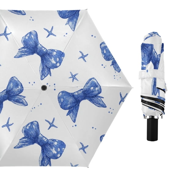 Blue Bows Starfishes Dots All Weather Umbrella Triple Folding Parasol 6 Ribs UV Protection Portable