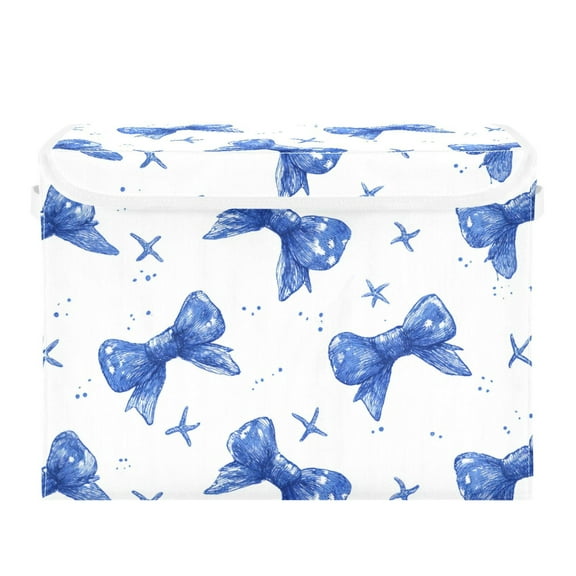 Blue Bows Starfishes Dots Foldable Storage Bin with Lid and Handle Collapsible Storage Box 16.5 x 12.6 x 11.8 inches