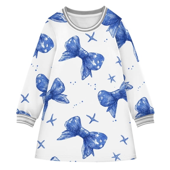 Blue Bows Starfishes Dots Long-sleeved Dress A-line One-Piece Dress for 2-8 Years Casual Party 2T