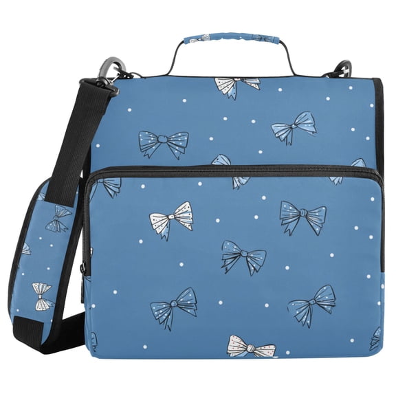 Blue Bows White Dots Binder Bag with Shoulder Strap 3 Ring Zipper Binder File Folder Document Storage