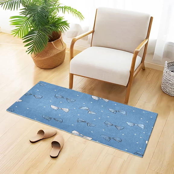 Blue Bows White Dots Plush Carpet Non Slip Runner Rug Absorbent Bath Mat 39" x 20"