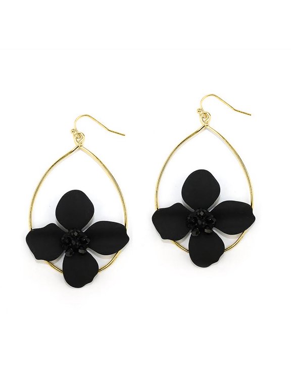Inc Black Floral Crystal Accent Statement Dangle Earrings for Women. Teens