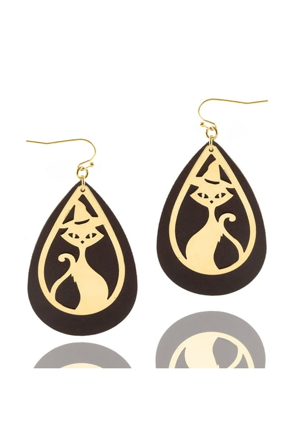 Inc Black Vegan Leather Gold Black Cat Stencil Teardrop Halloween Earrings for Women, Teens
