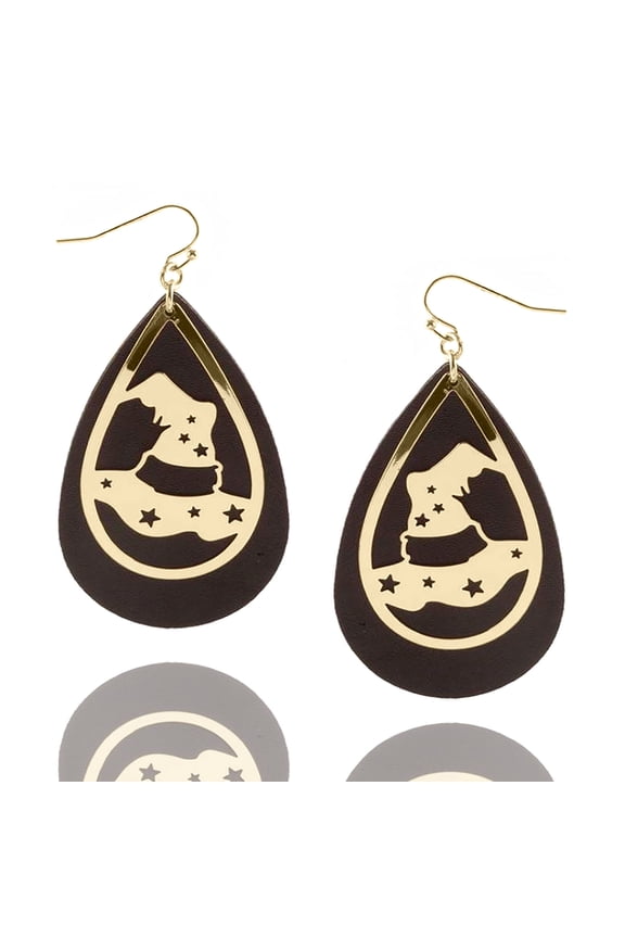 Inc Black Vegan Leather Gold Witches Hat Stencil Teardrop Halloween Earrings for Women, Teens