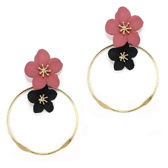 Blue Box Boutique Inc Burgundy Black Floral Gold Open Circle Drop Earrings for Women, Teens