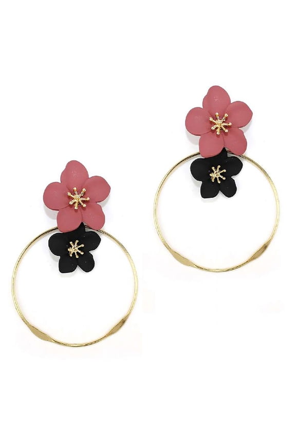 Inc Burgundy Black Floral Gold Open Circle Drop Earrings for Women, Teens