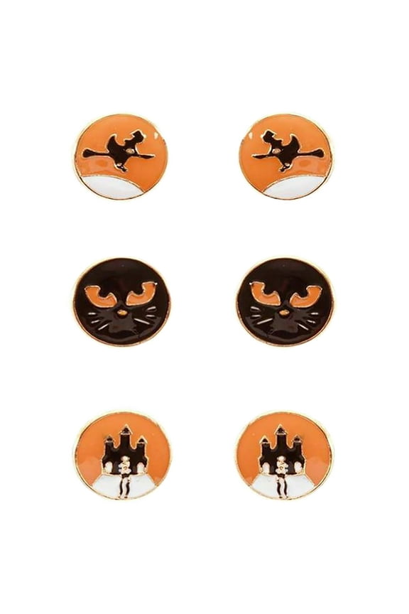 Inc Halloween Orange Black Cat, Haunted House, Witches Stud Earring Set for Women, Teens
